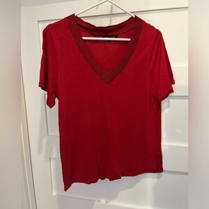 Red short sleeve sweater v neck crochet trim